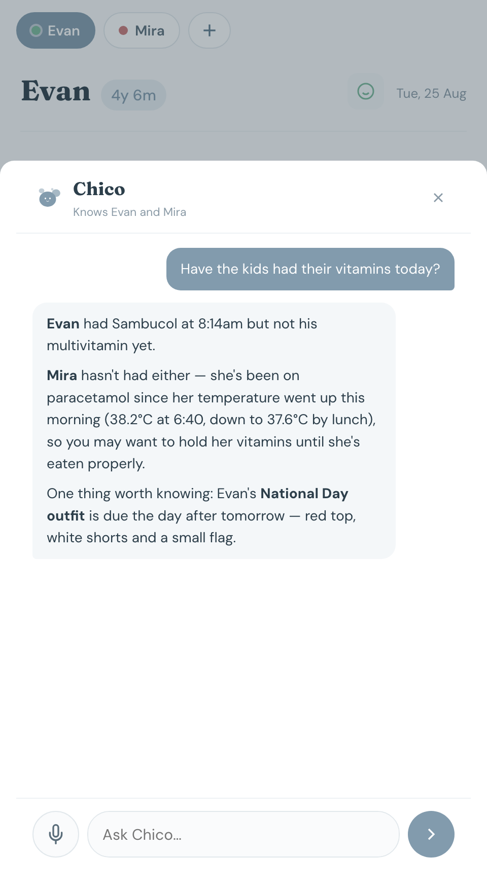 A conversation with Chico AI. Asked whether the kids have had their vitamins, Chico AI reports that Evan had Sambucol at 8:14am but not his multivitamin, that Mira has had neither and has been on paracetamol since her temperature rose, and reminds about Evan's National Day outfit.