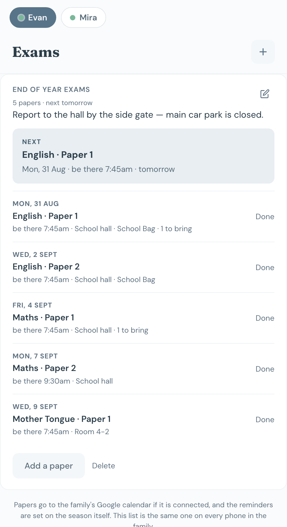 Chico's Exams screen: End of Year Exams with five papers, the next one highlighted as English Paper 1 tomorrow with a 7:45am reporting time, then English Paper 2, Maths Paper 1, Maths Paper 2 and Mother Tongue Paper 1 listed by date, each with its reporting time, the hall, and the school bag list attached. A note at the top reads report to the hall by the side gate, main car park is closed.