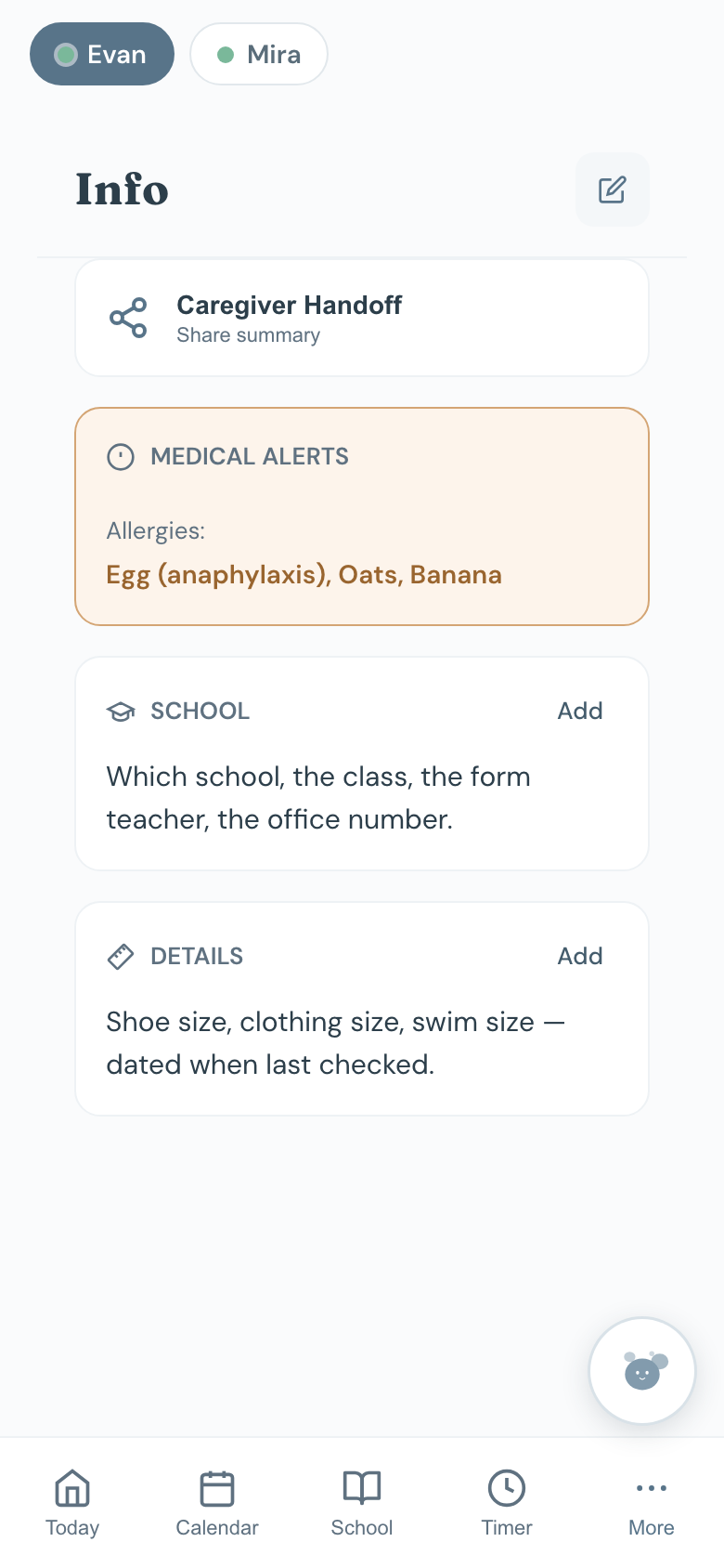 The emergency card with medical alerts and contacts.