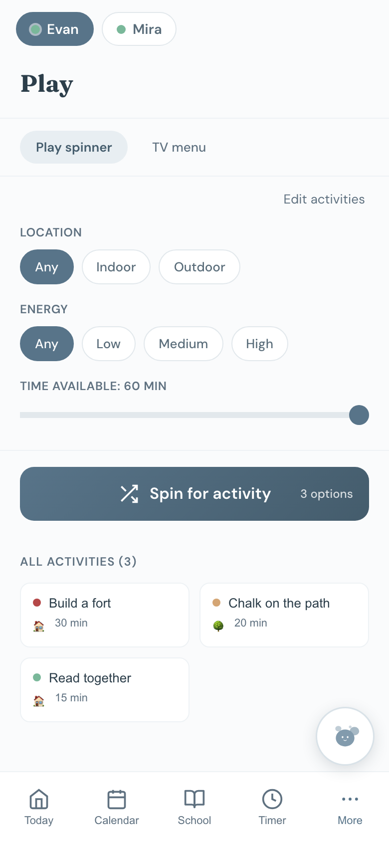 The Play tab with activity cards and the spinner.