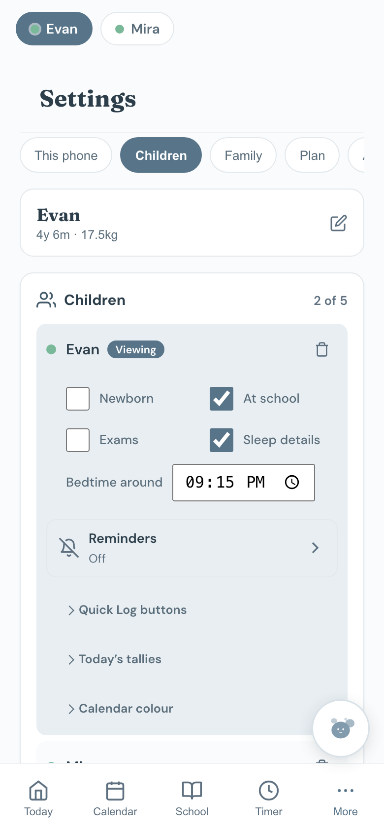 The Children section of Settings, where everything the setup asked for can be changed later.