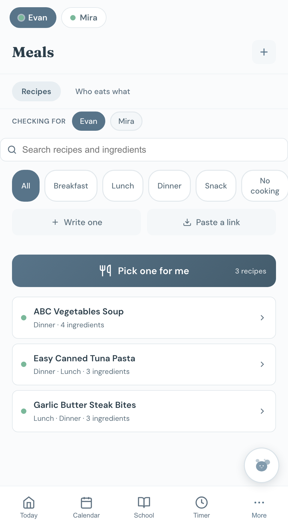 Chico's Meals screen: recipes checked for Evan, a search bar for recipes and ingredients, meal type filters, and a Pick one for me button over a list of saved recipes.
