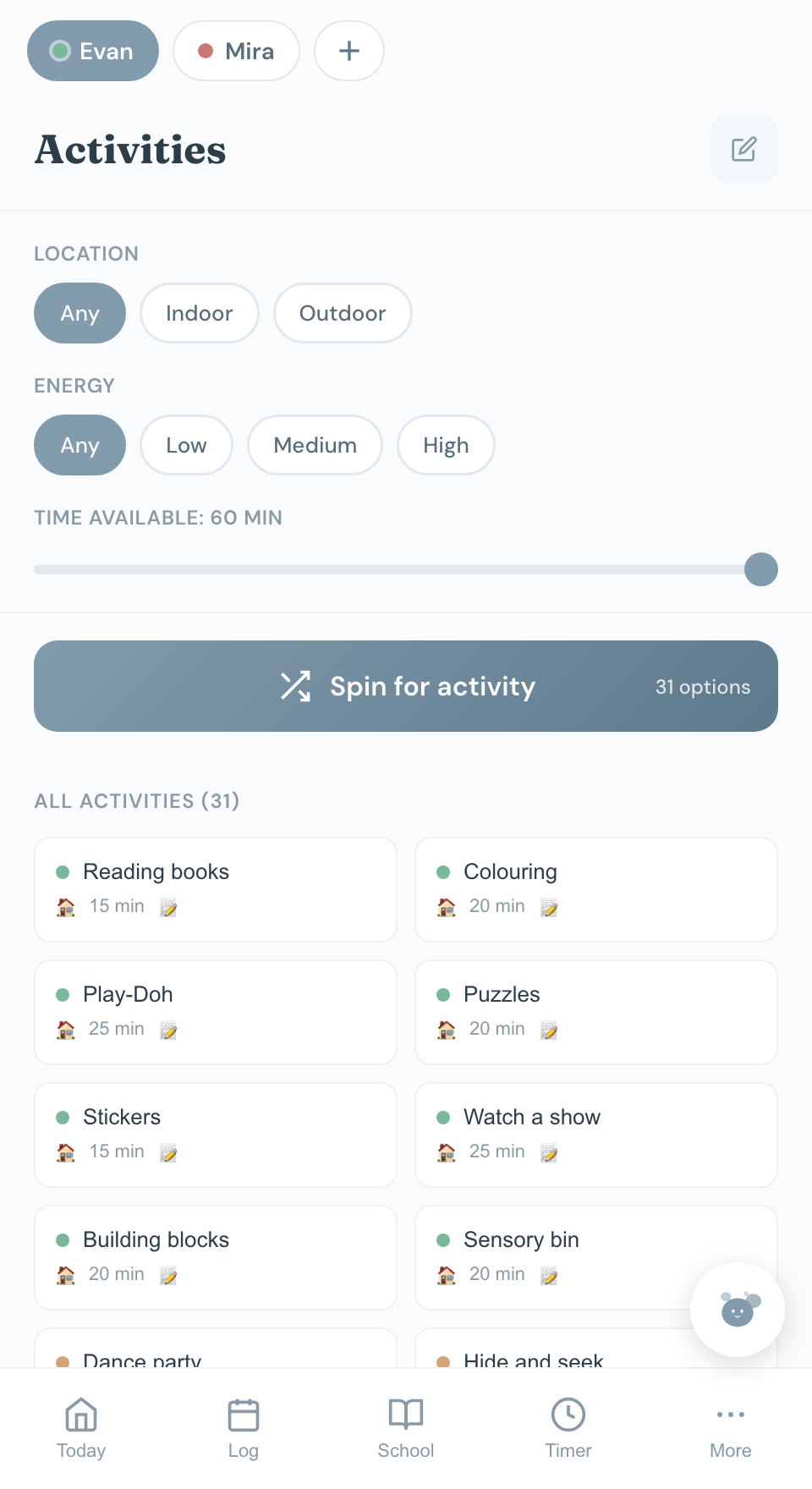 Chico's Activities screen: filters for location, energy and time available, a Spin for activity button showing 31 options, and a grid of activities each with a location, a duration and a note.