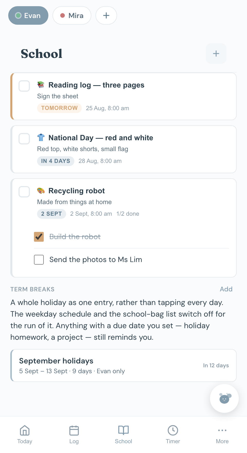Chico's School screen: a reading log due tomorrow, a National Day attire day in four days, a recycling robot project with two deliverables one of them ticked off, and the September holidays marked as a single nine-day break.