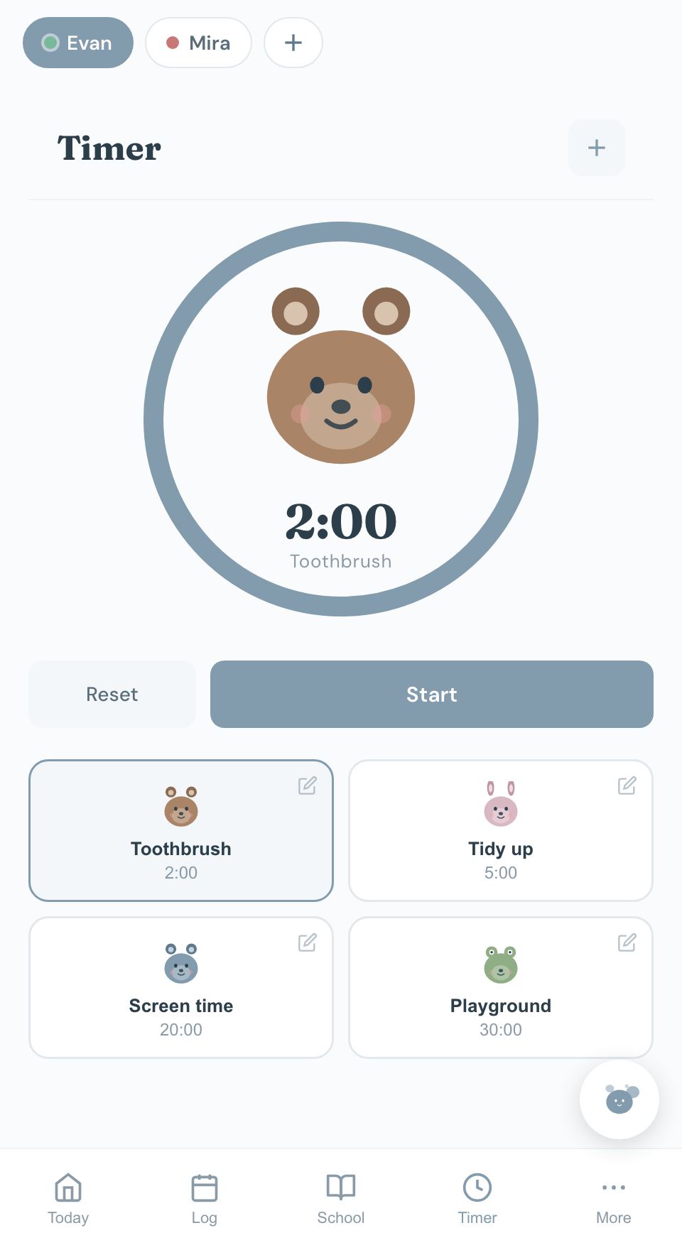 Chico's Timer screen: a bear inside a large countdown ring set to two minutes for toothbrushing, with presets for tidy up, screen time and the playground.