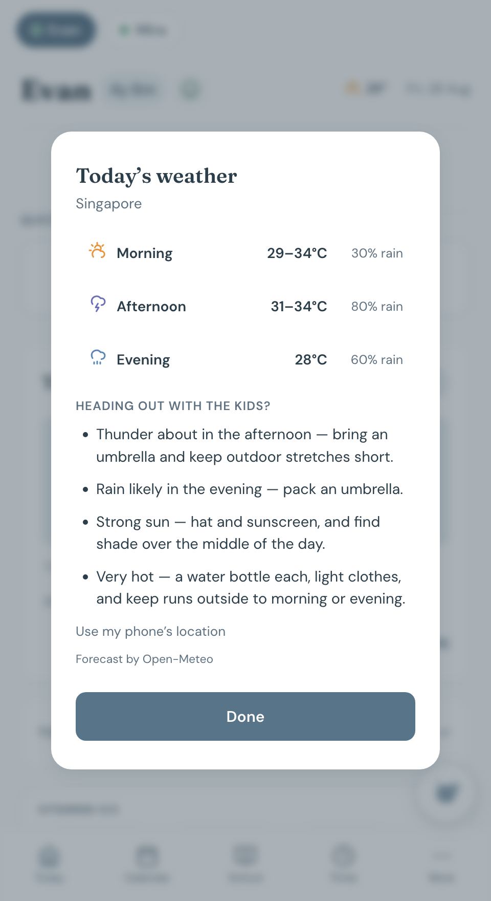 Chico's weather sheet: morning, afternoon and evening forecasts for Singapore in degrees Celsius, with advice for heading out — thunder in the afternoon so bring an umbrella, strong sun so hat and sunscreen, very hot so a water bottle each.